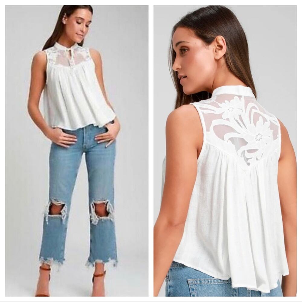 Free People Western Romance white mesh lace sleeveless swing top tank top